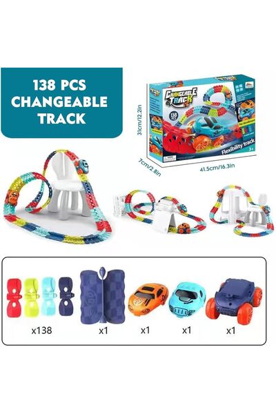 SNAPTRON 138-Piece LED Light-Up Car Track Set – Flexible Bendable Rainbow Tracks with LED Gravity-