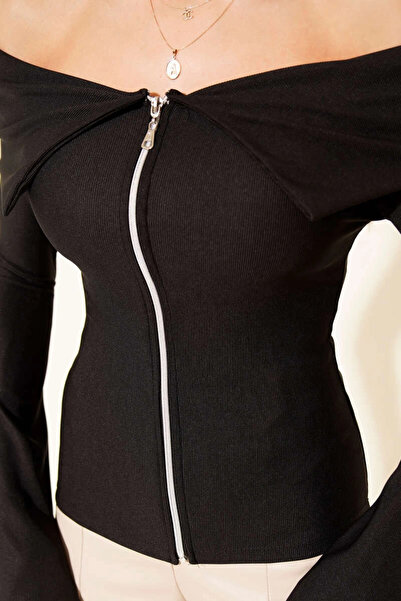 ZENGEZUR MALL Sptrns Open Shoulder Zippered Blouse Black T4330 (202823) (Size: m)