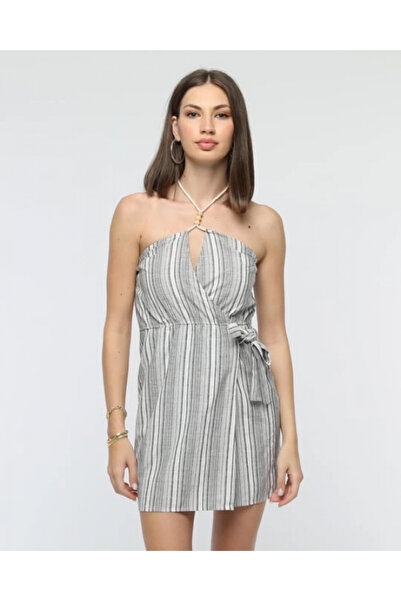 ZENGEZUR MALL Sptrns Belted Striped Mini Linen Dress Gray (202442) (Size: S)