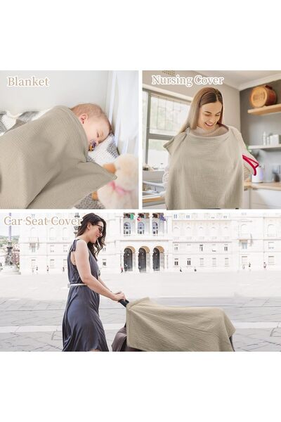 Generic Muslin Nursing Cover - 100% Cotton, Breathable, Adjustable Neck Strap, 360° Coverage (Khaki)