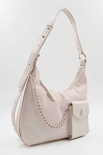 Hüvendo Women's Casual Shoulder Bag with Chain and Front Pocket Detail Adjustable Strap Beige