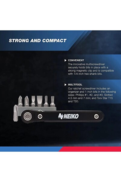 NEİKO 03044A Mini Ratcheting Offset Screwdriver and Bit Set, Pocket Size Close-Quarters, 1/4-Inch Dr