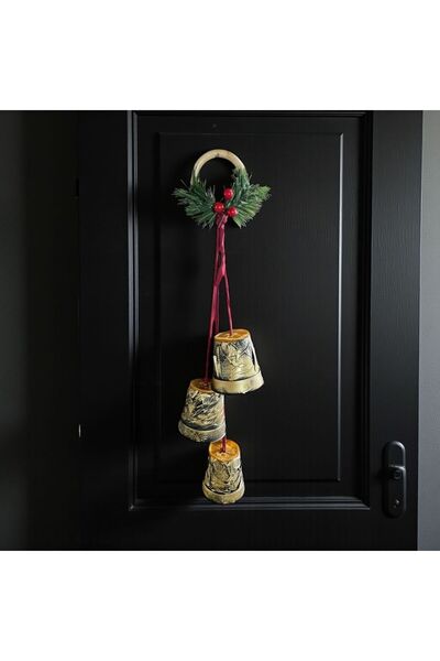 ART PINE Ornament exclusiv pentru ușă cu clopoțel mare de Anul Nou din 3 piese - Ornament pentru brad de Crăciun - Cu inel din lemn natural - Portocaliu