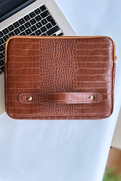 worken 13/14 Inch Tablet Case, Crocodile Leather, Waterproof, Shockproof, Zippered, Tan