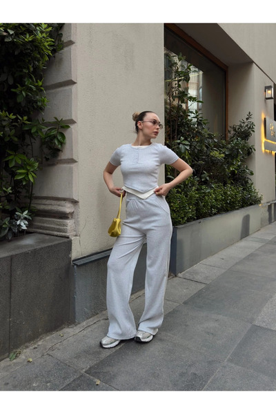 ZENGEZUR MALL Drnds Button Collar Gray Bottom Top Set S3943 (213733) (Size: S)