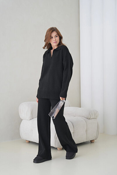 Park Karon Women's Polo Neck Half Placket Oversized Sweater Pants Two-Piece Knitwear Set