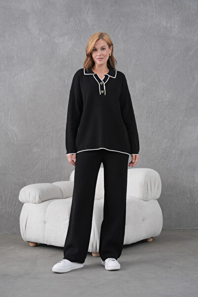 Park Karon Жіночий поло з коміром-стійкою, ґудзиками, оверсайз, кашкорсе, светр, штани, двокомпонентний трикотажний комплект