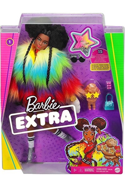 Barbie Extra doll, black afro hair, fluffy coat, premium accessories and poodle puppy, 30cm, 3 years+