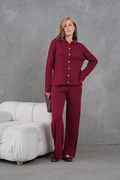 Park Karon Women's Shirt Collar Button Closure Patterned Jacket Pants Two-Piece Knitwear Set