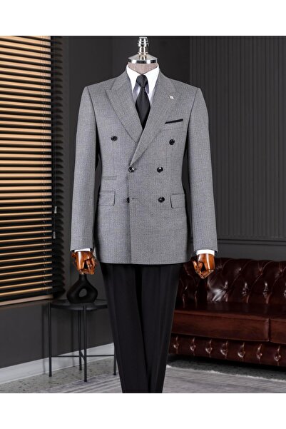 TerziAdemAltun طقم بدلة بنطلون جاكيت ستايل إيطالي S قصة ضيقة K بأزرار على الجهتين أسود T14666