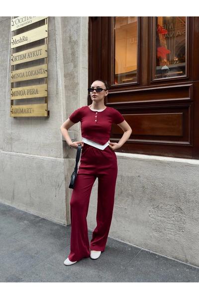 ZENGEZUR MALL Drnds Button Collar Burgundy Bottom Top Suit S3943 (212418) (Size: L)