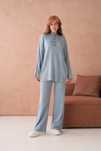 Park Karon Women's Mock Neck Button Detail Slit Casual Sweater Pants Two-Piece Knitwear Set