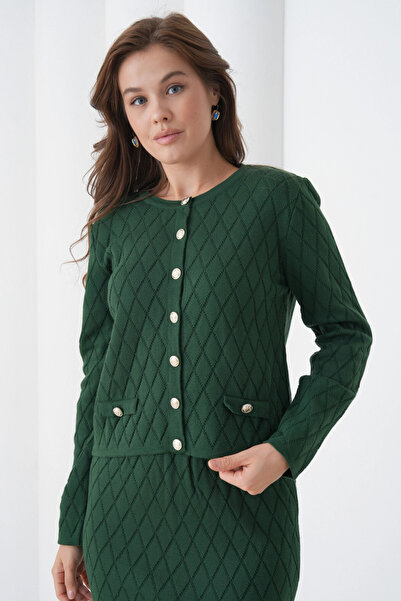 Park Karon Women's Crew Neck Button Detail Patterned Jacket Skirt Two-Piece Knitwear Set