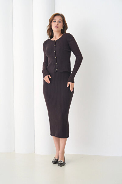 Park Karon Women's Crew Neck Button Closure Ribbed Knit Jacket Dress Two-Piece Knitwear Set