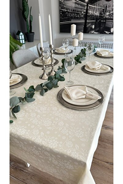 Decamor home Floral Patterned Ecru Tablecloth Liquid Resistant (Napkin Not Included)