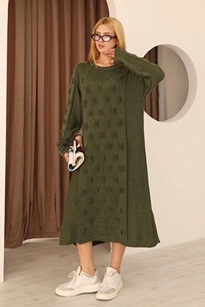 AYASOFYA OTANTIK Women's Khaki Round Neck Patterned Pocketed Vintage Loose Cotton Knit Midi Dress