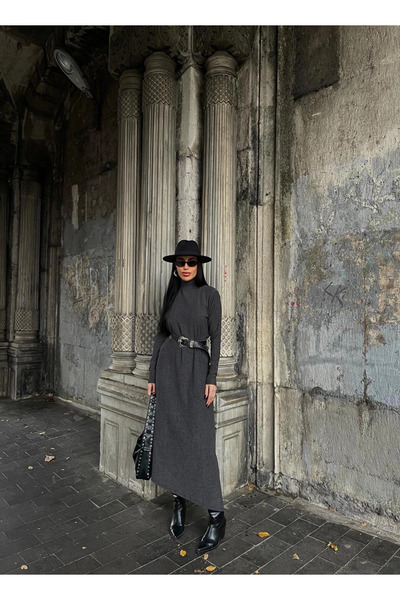 ZENGEZUR MALL Drnds High-Necked Thick Wrap-Around Long Dress Black (212311) (Size: S)