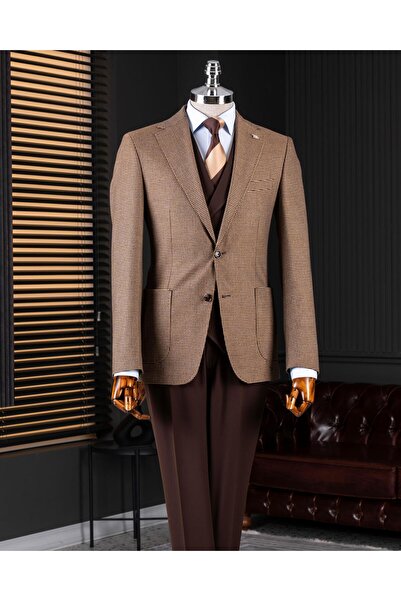TerziAdemAltun Italian Style S Slim Fit Men's Jacket Vest Pants Suit Brown T1...