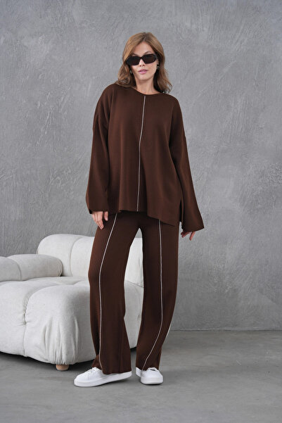 Park Karon Women's Crew Neck Slit Oversized Sweater Pants Two-Piece Knitwear Set