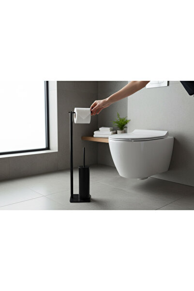 İSAOĞLU YAPI Black Pedestal Bathroom Set Toilet Brush Holder Toilet Paper Holder Modern Set Brass Material