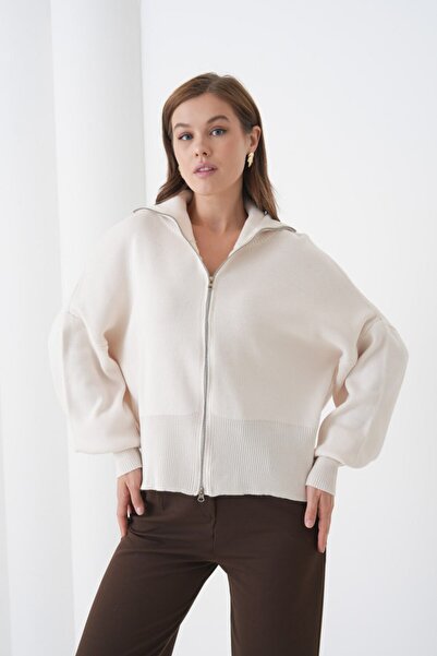 Noi Belis Basic Oversized Turn-Down Collar Zippered Knitwear Cardigan Aw25Hi0059