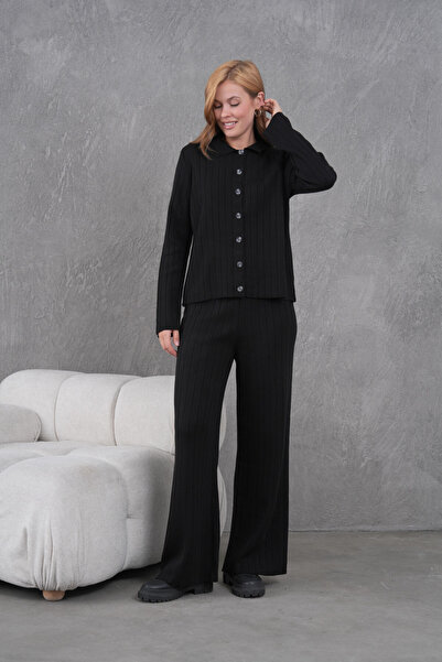 Park Karon Women's Shirt Collar Button Closure Patterned Jacket Pants Two-Piece Knitwear Set