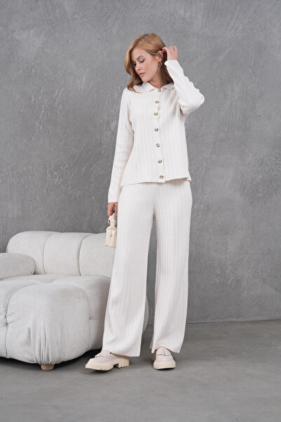 Park Karon Women's Shirt Collar Button Closure Patterned Jacket Pants Two-Piece Knitwear Set