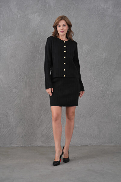 Park Karon Women's Crew Neck Button Closure Jacket Skirt Two-Piece Knitwear Set