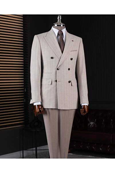 TerziAdemAltun طقم بدلة بتصميم إيطالي s قصة ضيقة k بأزرار على الجهتين سترة وبنطلون بيج T14656