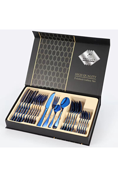 Partenya Premium 304 Paslanmaz Çelik 24 Parça Çatal Kaşık Bıçak Takımı – 6 Kişilik Sofra Seti Mavi Renk