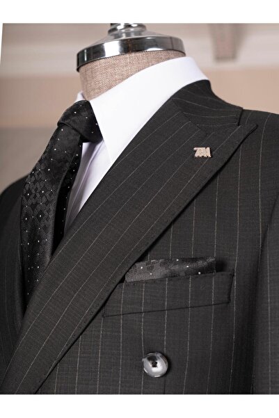 TerziAdemAltun Italian Style 8 Drop K Double-Breasted Striped Jacket Pants Suit Black T14595