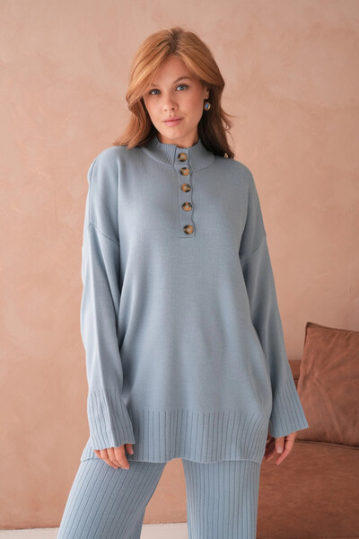 Park Karon Women's Mock Neck Button Detail Slit Casual Sweater Pants Two-Piece Knitwear Set