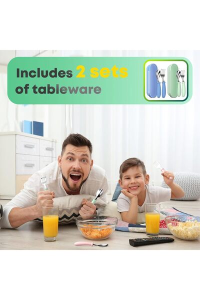 Yelajoy Toddler Flatware Set – 2-Piece Fork & Spoon Set with Storage Case (Green+Blue)