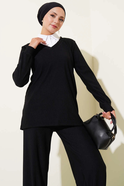 ZENGEZUR MALL Drnds Shirt Collar Corded Fabric Casual Double Suit Black T4300 (211635) (Size: S)