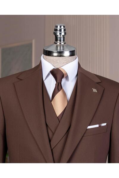 TerziAdemAltun Italian Style 8 Drop Jacket Vest Pants Suit Brown T14593