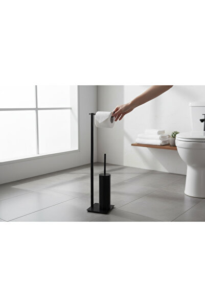 İSAOĞLU YAPI Black Pedestal Bathroom Set Toilet Brush Holder Toilet Paper Holder Modern Set Brass Material