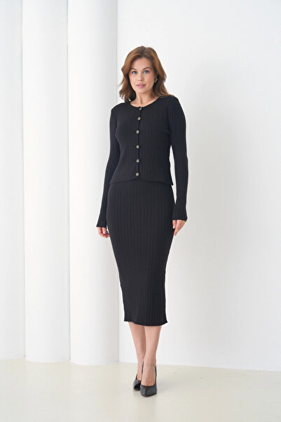 Park Karon Women's Crew Neck Button Closure Ribbed Knit Jacket Dress Two-Piece Knitwear Set