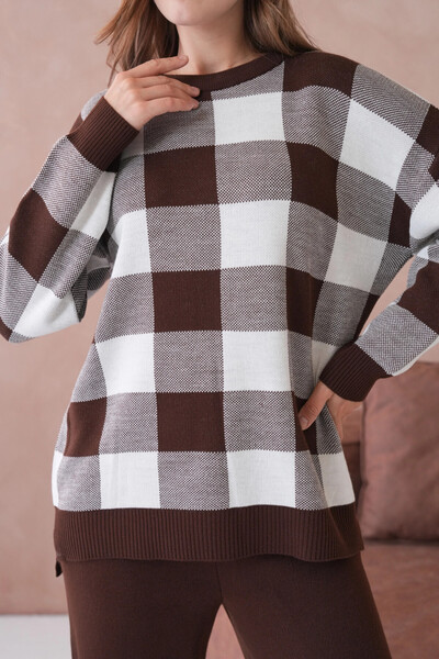 Park Karon Women's Crew Neck Patterned Slit Casual Sweater Pants Two-Piece Knitwear Set