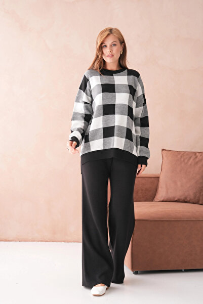 Park Karon Women's Crew Neck Patterned Slit Casual Sweater Pants Two-Piece Knitwear Set