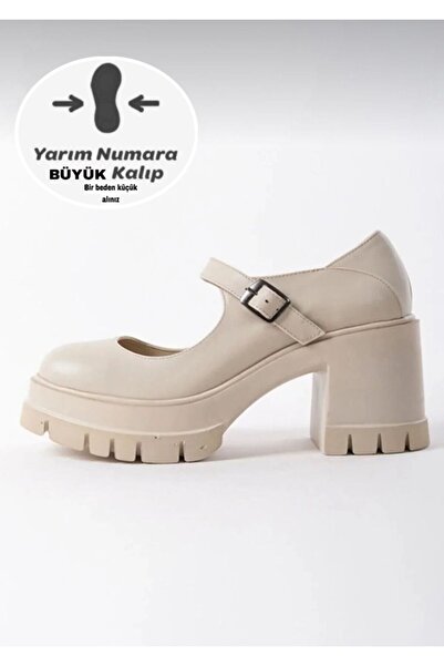 dabab shoes Aury Women's Beige Mary Jane Thick Sole Heeled Loafer Shoes