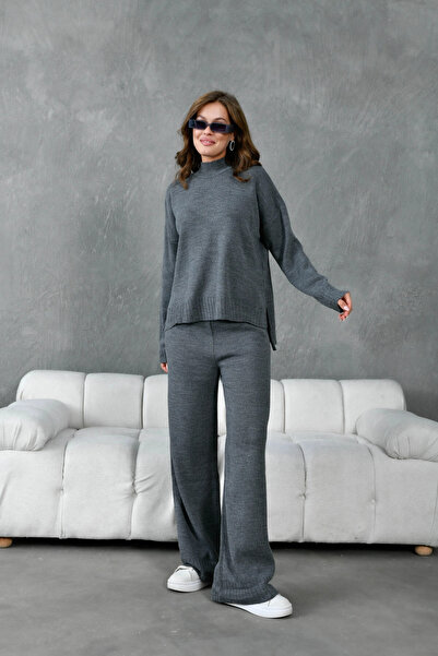 Park Karon Women's Mock Neck Slit Oversized Sweater Pants Two-Piece Knitwear Set