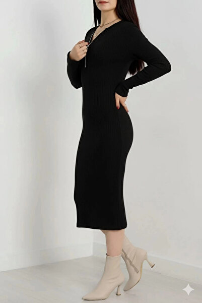 ZENGEZUR MALL Drnds Zipper Detail Corded Fabric Fleece-Lined Dress Black A3178 (213637) (Size: Standard)