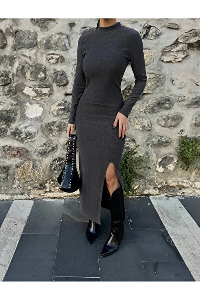 ZENGEZUR MALL Drnds Slit Thick Wrinkle Long Dress Black (212308) (Size: L)