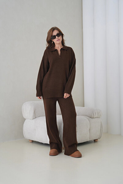 Park Karon Жіночий светр з поло-комірцем, оверсайз, брюки, двокомпонентний трикотажний комплект