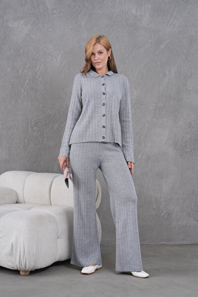 Park Karon Women's Shirt Collar Button Closure Patterned Jacket Pants Two-Piece Knitwear Set