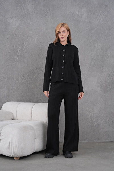 Park Karon Women's Shirt Collar Button Closure Patterned Jacket Pants Two-Piece Knitwear Set