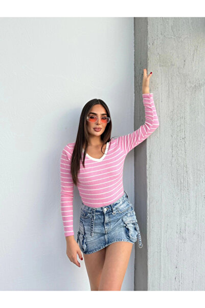 ZENGEZUR MALL Sptrns V-Neck Striped Blouse Pink A3699 (205007) (Size: S)