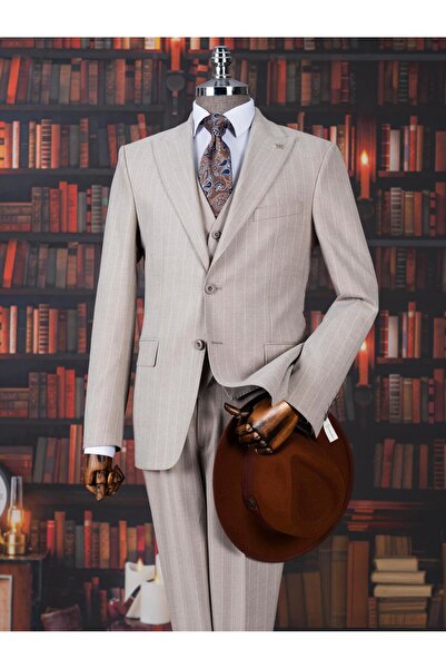 TerziAdemAltun Italian Style Peaked Lapel Men's Jacket Vest Pants Suit Beige ...