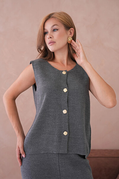 Park Karon Women's Wide Collar Button Detail Ribbed Knit Long Vest Pants Two-Piece Knitwear Set