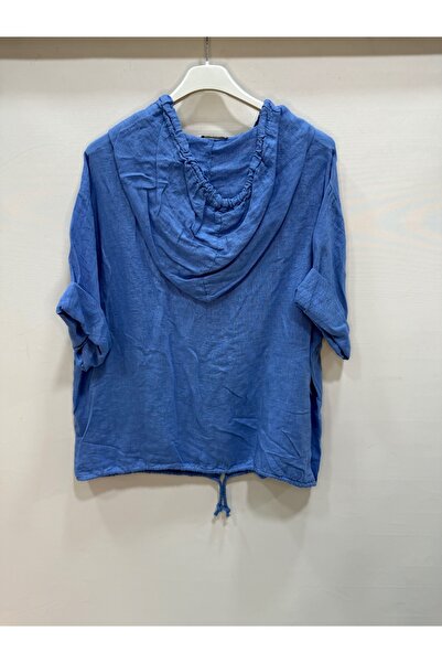 della moor Bluză casual din in, cu jumătate de mânecă, cu cu glugă nasturi, albastră, italiană